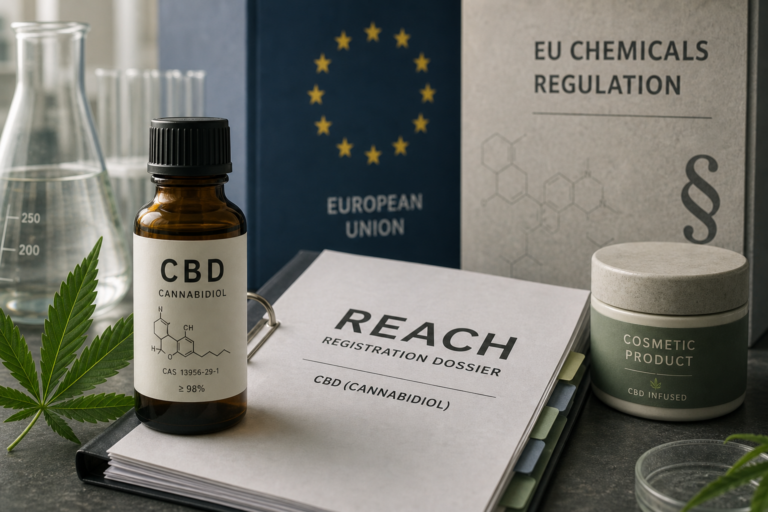 Editorial still of a CBD lab bottle beside an EU chemicals dossier and a cosmetics jar