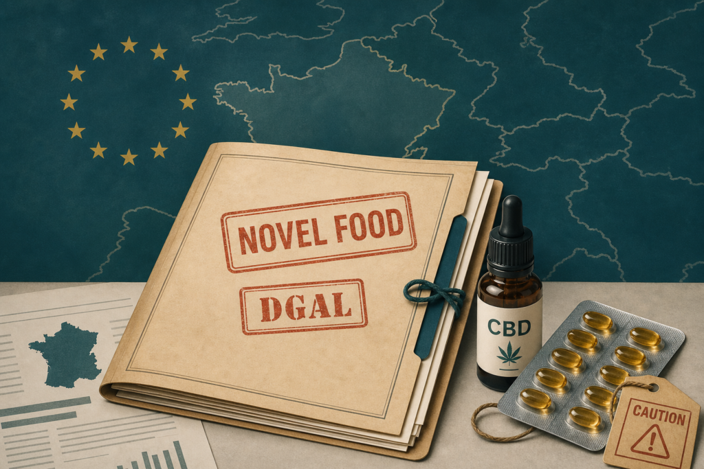 Editorial still of a French regulatory dossier folder beside CBD oil and edible packs marked under review