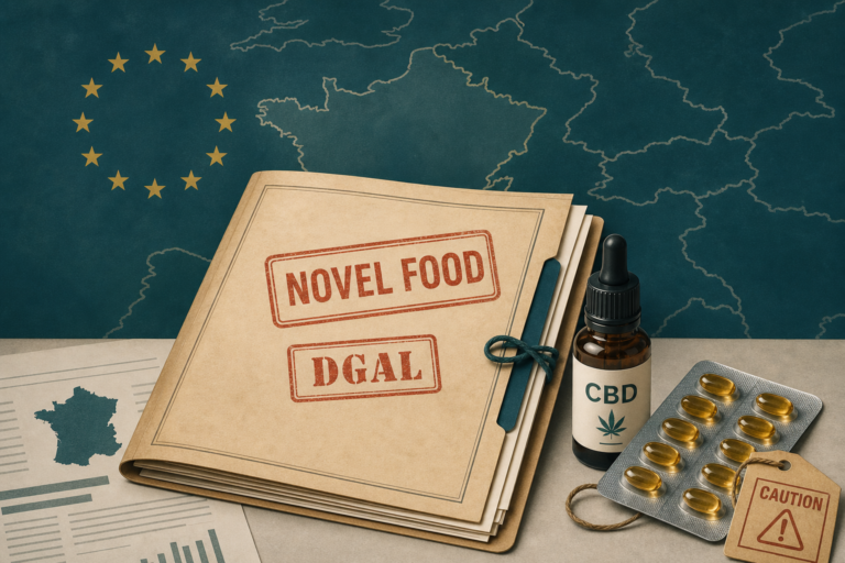 Editorial still of a French regulatory dossier folder beside CBD oil and edible packs marked under review