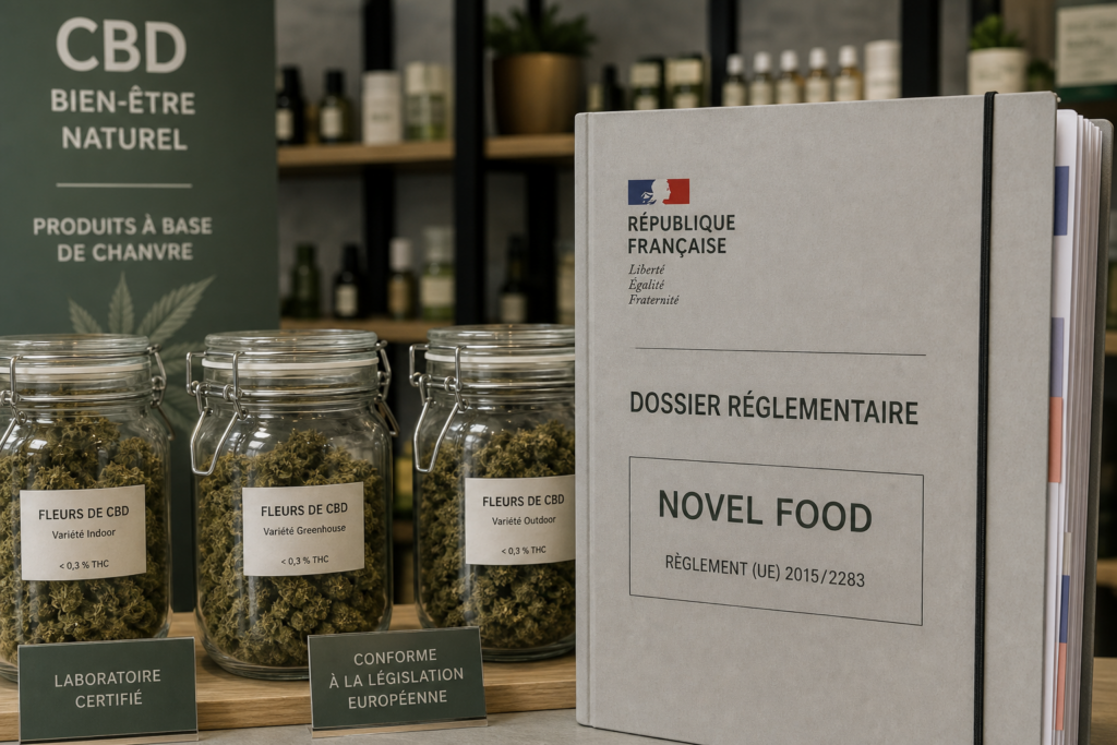 Editorial still of dried hemp flowers in jars beside a French Novel Food regulatory dossier