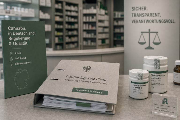 Editorial still of a German pharmacy dossier beside sealed cannabis medicine bottles