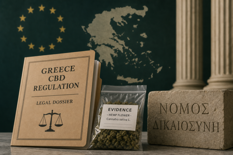 Editorial still of a Greek legal dossier beside sealed hemp flower evidence and a map outline of Greece