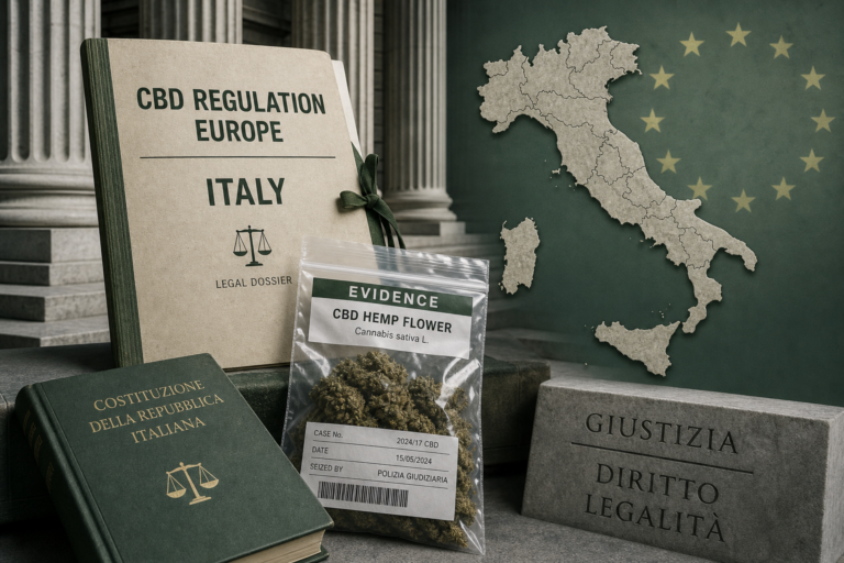 Editorial still of an Italian legal dossier beside sealed hemp flower evidence and a map outline of Italy