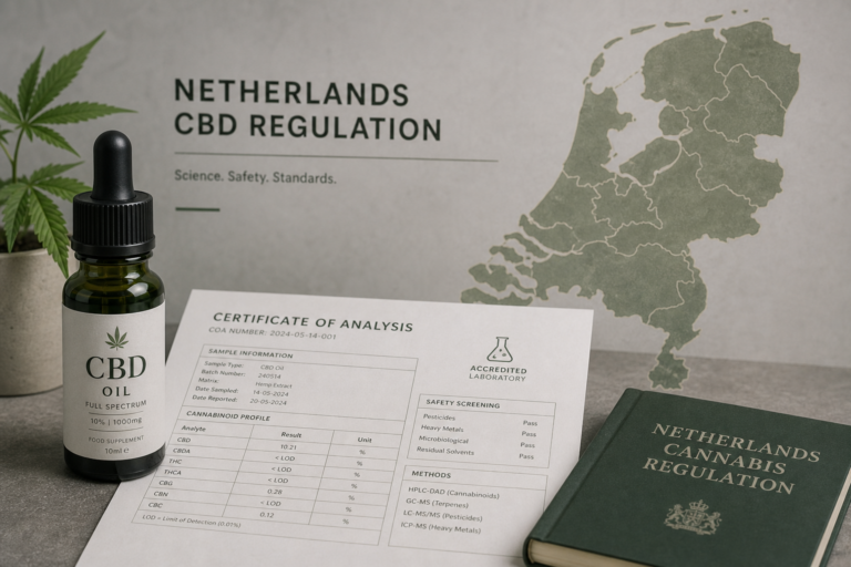 Editorial still of a CBD oil bottle and lab COA beside a Netherlands map outline