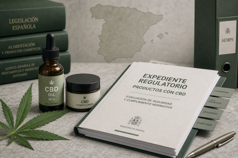 Editorial still of CBD oil and a cosmetics jar beside a Spanish regulatory dossier