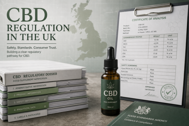 Editorial still of a CBD oil bottle and UK regulatory dossier with a lab COA